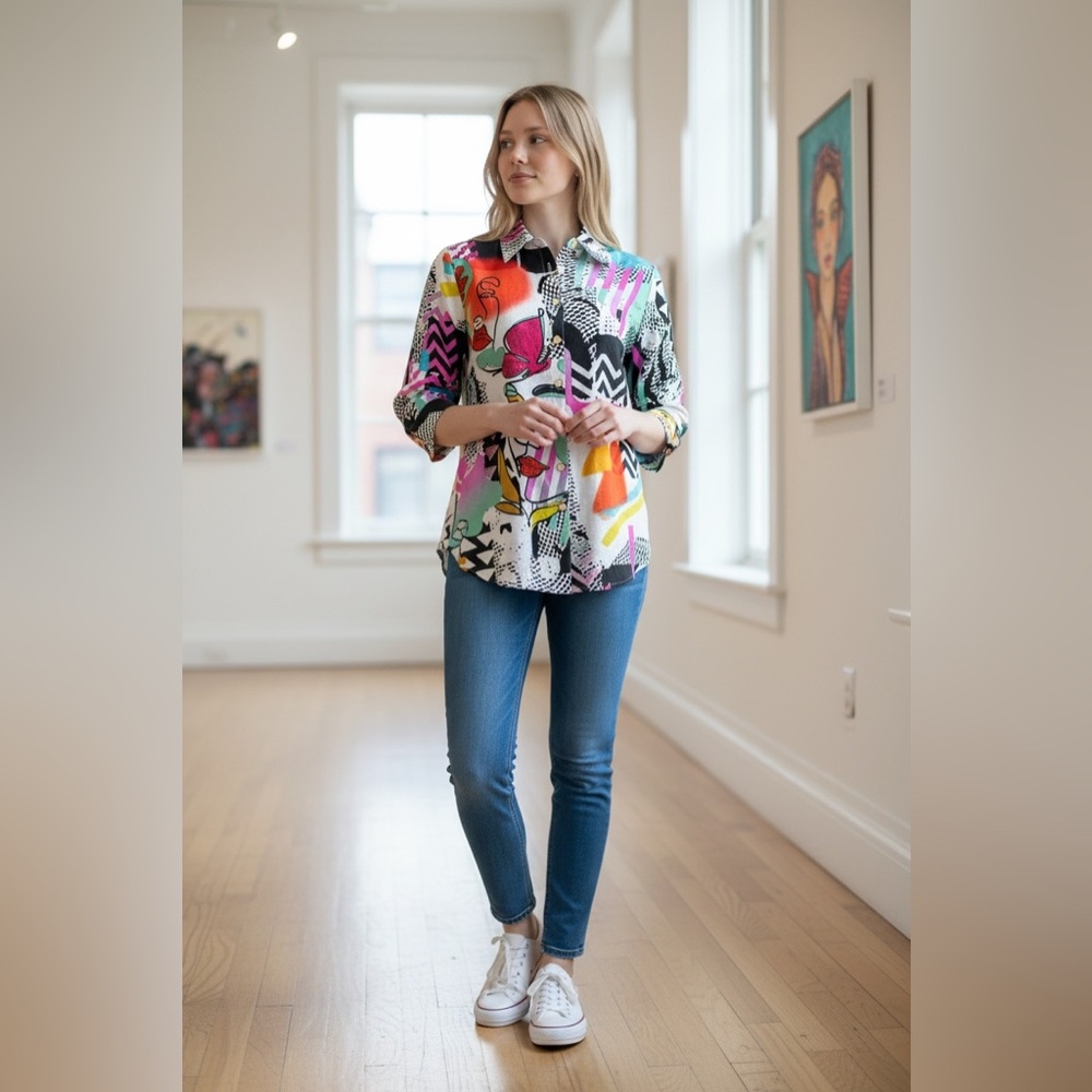 Ali Miles Sz PS Multicolor Abstract Pop Art Print Button Down Blouse 3/4 Sleeve